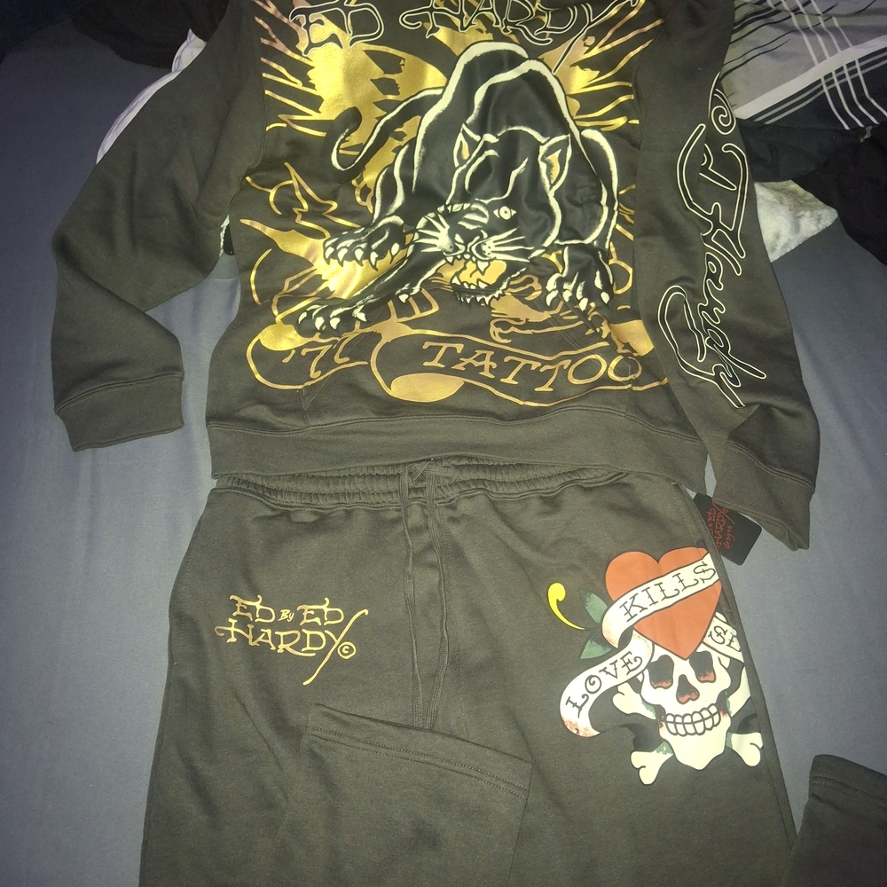 Ed Hardy Black and Gold Tracksuit Size Medium